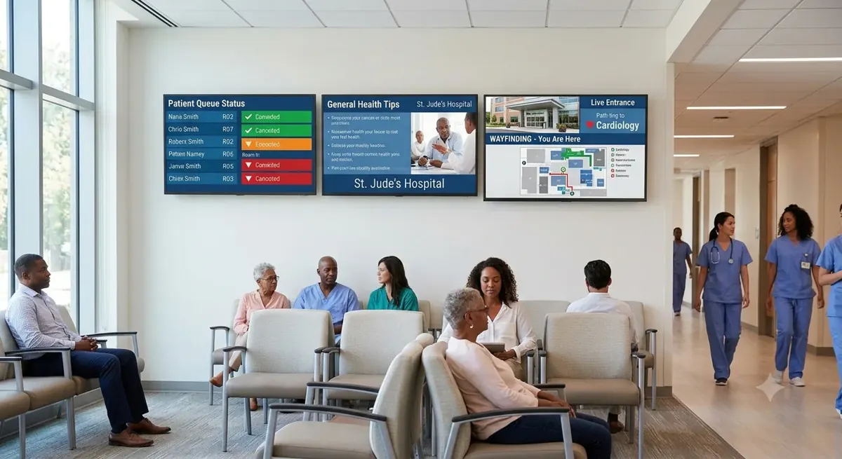 Illustration of digital information displays in a public space